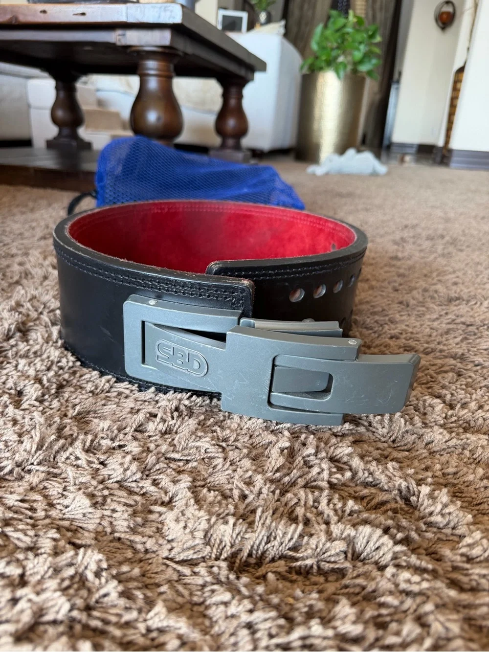 SBD Men's Leather Weightlifting Belt 13 mm— Black with Red Interior Size Medium